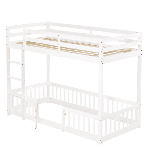 Beliche 90x200 - Cama de madeira com escada em ângulo, corrimão e porta, proteção contra quedas, espaço livre por baixo - Branco