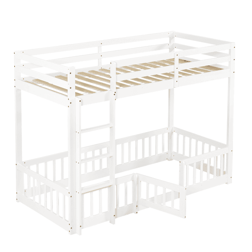 Beliche 90x200 - Cama de madeira com escada em ângulo, corrimão e porta, proteção contra quedas, espaço livre por baixo - Branco