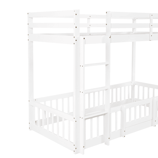 Beliche 90x200 - Cama de madeira com escada em ângulo, corrimão e porta, proteção contra quedas, espaço livre por baixo - Branco