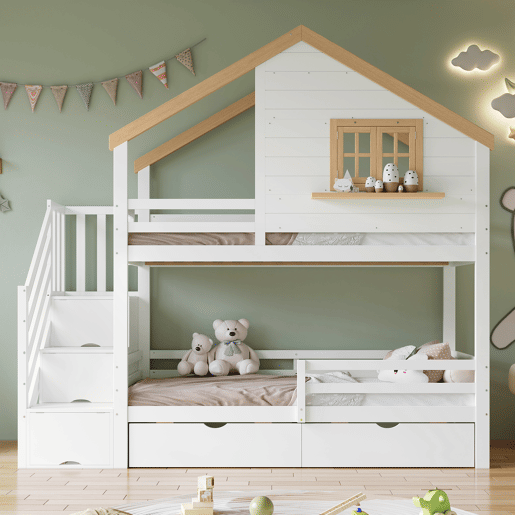 Beliche infantil 90x200 - Casinha com janela, escadas com arrumação, espaço debaixo do colchão - Branco+Natural