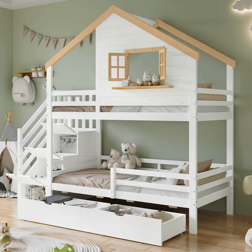 Beliche infantil 90x200 - Casinha com janela, escadas com arrumação, espaço debaixo do colchão - Branco+Natural