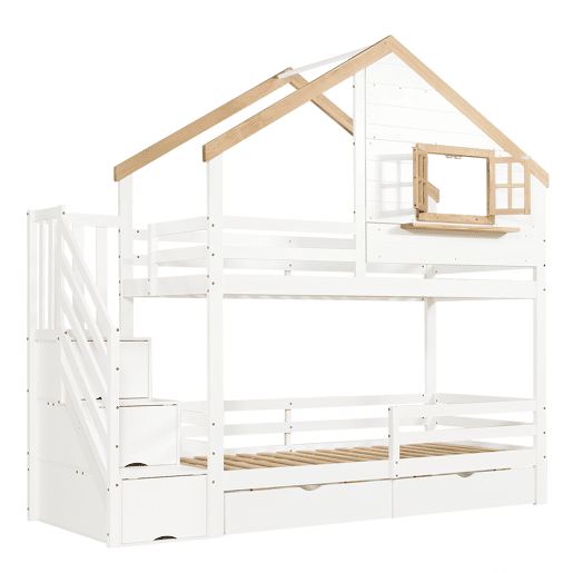 Beliche infantil 90x200 - Casinha com janela, escadas com arrumação, espaço debaixo do colchão - Branco+Natural