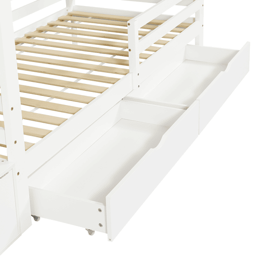 Beliche infantil 90x200 - Casinha com janela, escadas com arrumação, espaço debaixo do colchão - Branco+Natural