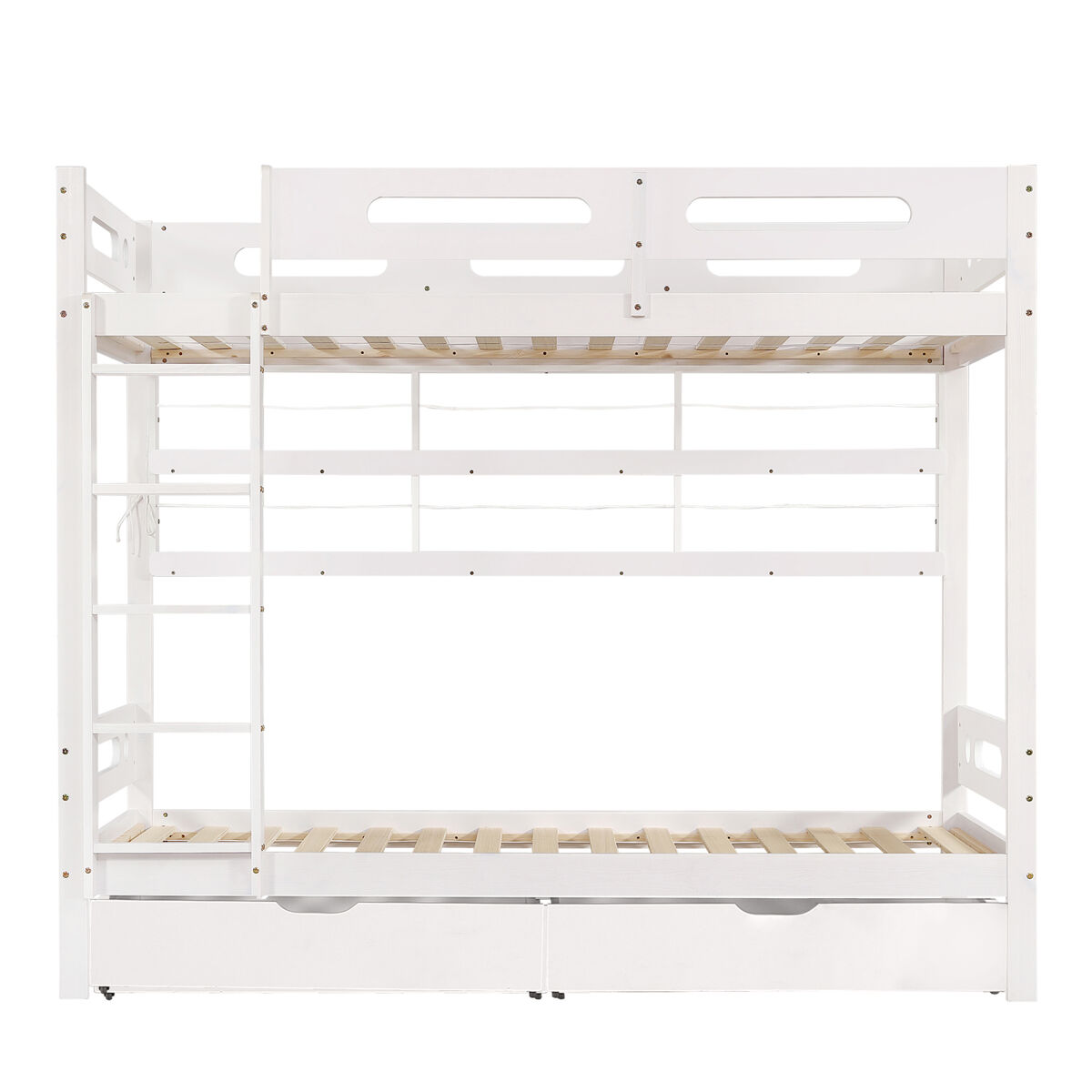 Cama litera infantil 90x200 - con barandilla de seguridad, 2 cajones, estantería abierta, escalera de 5 peldaños, gran almacenamiento - blanco