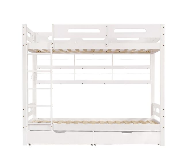 Cama litera infantil 90x200 - con barandilla de seguridad, 2 cajones, estantería abierta, escalera de 5 peldaños, gran almacenamiento - blanco