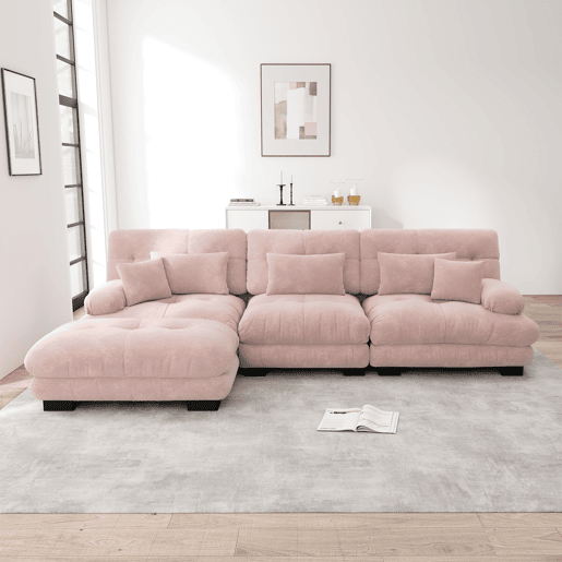 Sofá de canto modular grande - Sofá Cloud em forma de L para sala de estar, sofá-cama profundo com otomano, veludo cotelê, chenille rosa