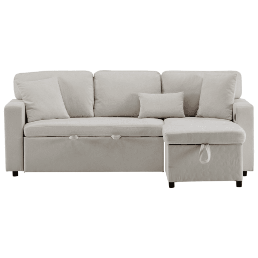 Sofá de canto L - Cama extensível com baú e prateleira integrada - Bege Sofá de canto L - Cama extensível com baú e prateleira integrada - Bege