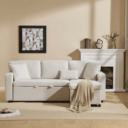 Sofá de canto L - Cama extensível com baú e prateleira integrada - Bege Sofá de canto L - Cama extensível com baú e prateleira integrada - Bege