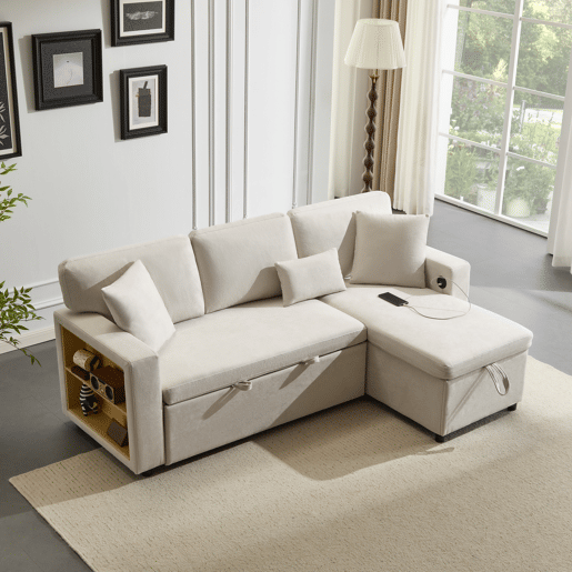 Sofá de canto L - Cama extensível com baú e prateleira integrada - Bege Sofá de canto L - Cama extensível com baú e prateleira integrada - Bege