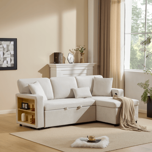 Sofá de canto L - Cama extensível com baú e prateleira integrada - Bege Sofá de canto L - Cama extensível com baú e prateleira integrada - Bege