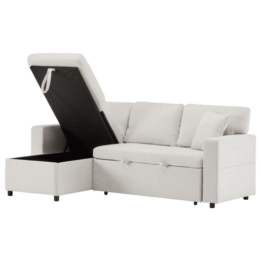 Sofá de canto L - Cama extensível com baú e prateleira integrada - Bege Sofá de canto L - Cama extensível com baú e prateleira integrada - Bege