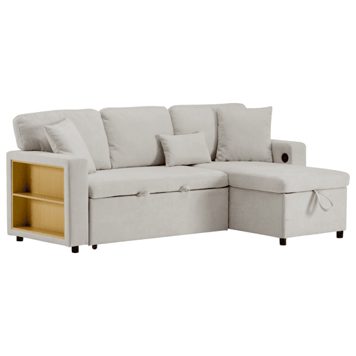 Sofá de canto L - Cama extensível com baú e prateleira integrada - Bege Sofá de canto L - Cama extensível com baú e prateleira integrada - Bege