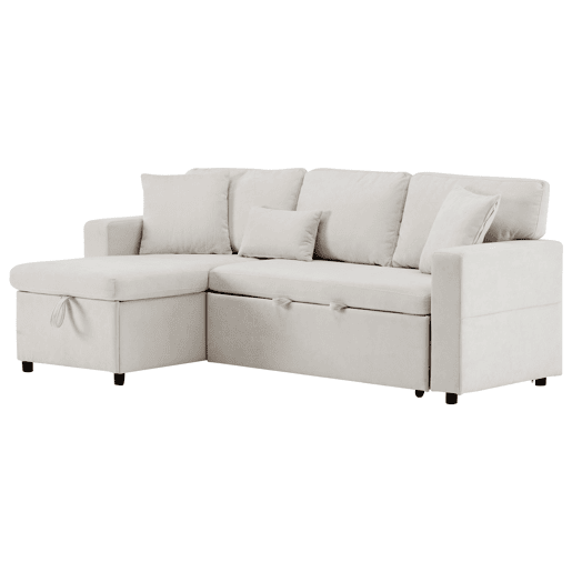 Sofá de canto L - Cama extensível com baú e prateleira integrada - Bege Sofá de canto L - Cama extensível com baú e prateleira integrada - Bege