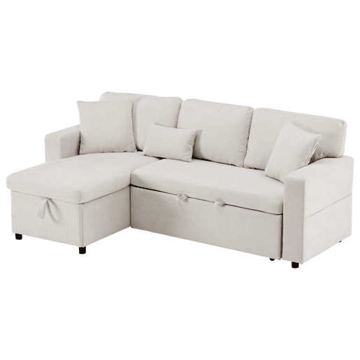 Sofá de canto L - Cama extensível com baú e prateleira integrada - Bege Sofá de canto L - Cama extensível com baú e prateleira integrada - Bege