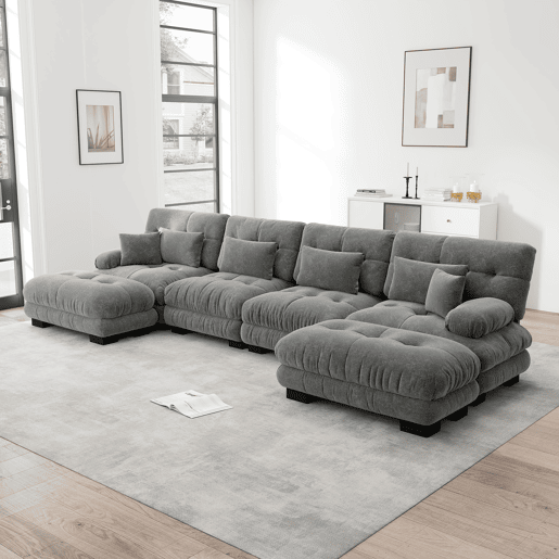 Sofá modular U 4 lugares - Sofás Cloud confortáveis com otomano móvel - Chenille cinza