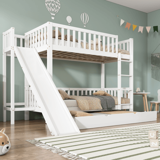 Beliche com cama extra 90x200190 cm - com proteção, escorregador, prateleiras, escada reta de 4 degraus - Branco