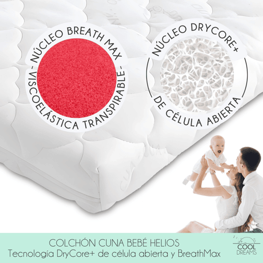 Colchão de bebé Helios Cuna 120x60 com tecnologia DryCore+ de célula aberta e BreathMax. Certificado OEKO-TEX e CertiPur. Amovível, respirável