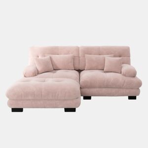 Sofá de canto Cloud 2 lugares - Sofá de chenille com 2 almofadas lombares e 2 almofadas decorativas, com braços largos e otomano - Rosa