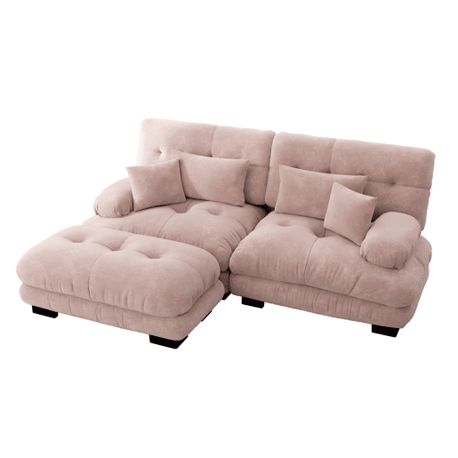 Sofá de canto Cloud 2 lugares - Sofá de chenille com 2 almofadas lombares e 2 almofadas decorativas, com braços largos e otomano - Rosa