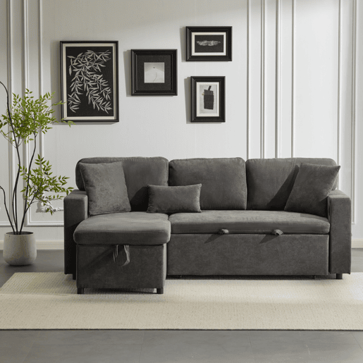 Sofá de canto L - Cama extensível com baú e prateleira integrada - Cinza escuro