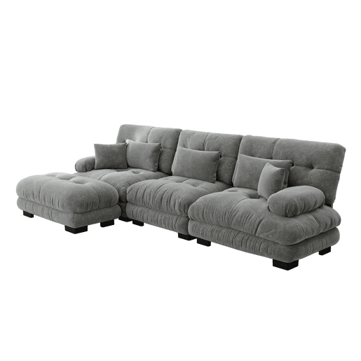 Sofá modular l - Sofá profundo com otomano, sofá-cama de chenille, cordão, cinza