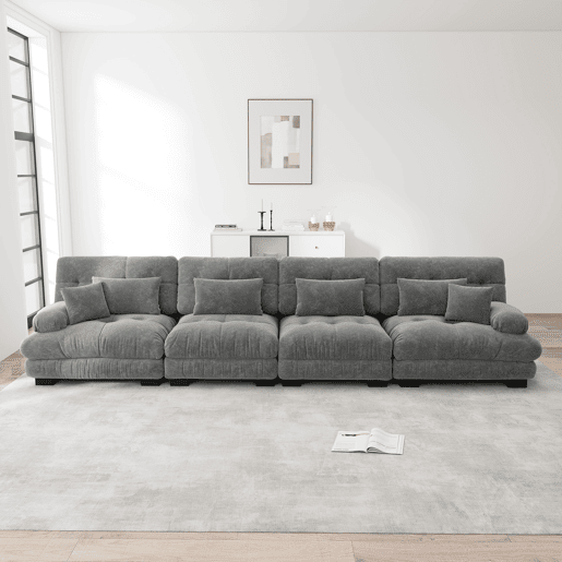 Sofá modular de 4 lugares - Sofá-cama de chenille com assento profundo - Cinza Sofá modular de 4 lugares - Sofá-cama de chenille com assento profundo - Cinza