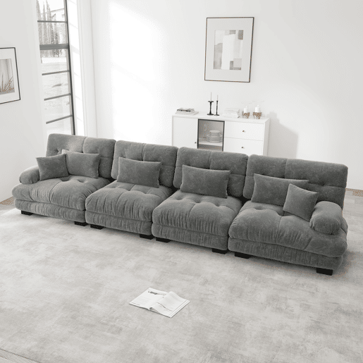 Sofá modular de 4 lugares - Sofá-cama de chenille com assento profundo - Cinza Sofá modular de 4 lugares - Sofá-cama de chenille com assento profundo - Cinza