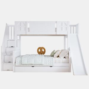 Beliche 90x200 cm - Com janela, escorregador, gavetas com rodinhas, escada com corrimão e 4 compartimentos - Branco