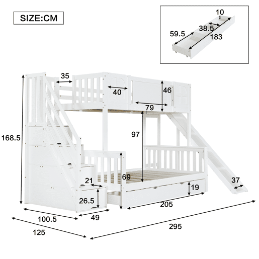 Beliche 90x200 cm - Com janela, escorregador, gavetas com rodinhas, escada com corrimão e 4 compartimentos - Branco