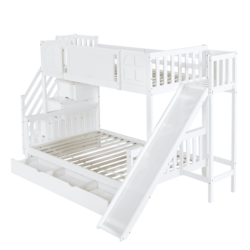Beliche 90x200 cm - Com janela, escorregador, gavetas com rodinhas, escada com corrimão e 4 compartimentos - Branco