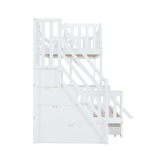 Beliche 90x200 cm - Com janela, escorregador, gavetas com rodinhas, escada com corrimão e 4 compartimentos - Branco