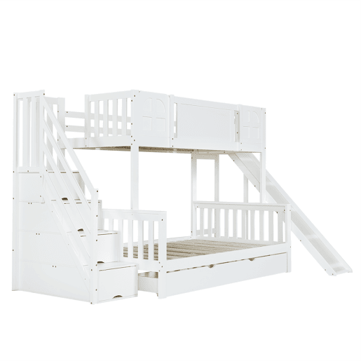 Beliche 90x200 cm - Com janela, escorregador, gavetas com rodinhas, escada com corrimão e 4 compartimentos - Branco