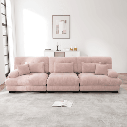 Sofá de canto modular de 3 lugares - com assento profundo, sofá-cama confortável, chenille rosa