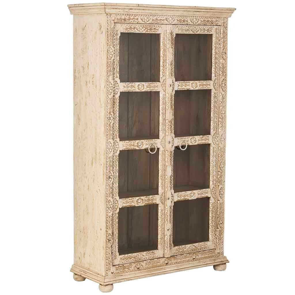 Vitrina de madera tallada acabado artesanal beige 106x43x180h cm