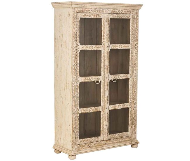 Vitrina de madera tallada acabado artesanal beige 106x43x180h cm