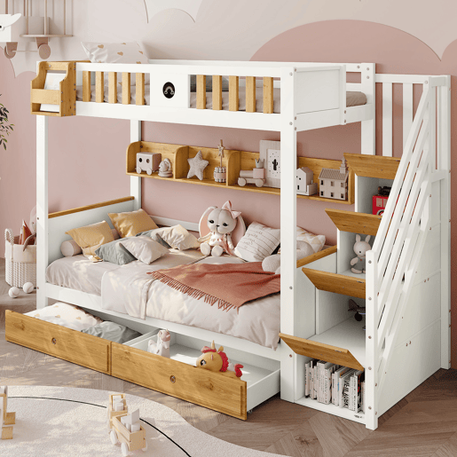 Beliche 90x200cm - Com arrumação, com 4 compartimentos na escada, com grade de segurança e 2 gavetas - Branco+Natural