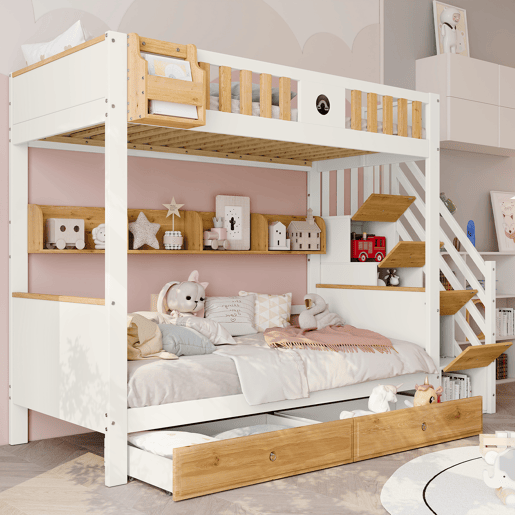 Beliche 90x200cm - Com arrumação, com 4 compartimentos na escada, com grade de segurança e 2 gavetas - Branco+Natural