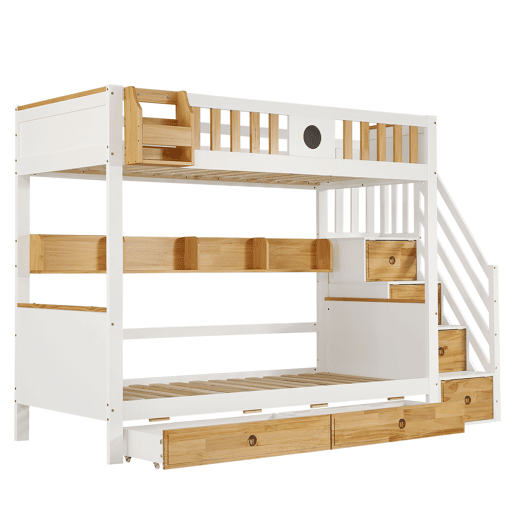 Beliche 90x200cm - Com arrumação, com 4 compartimentos na escada, com grade de segurança e 2 gavetas - Branco+Natural