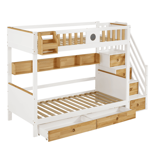 Beliche 90x200cm - Com arrumação, com 4 compartimentos na escada, com grade de segurança e 2 gavetas - Branco+Natural
