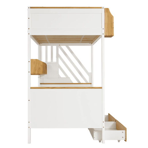 Beliche 90x200cm - Com arrumação, com 4 compartimentos na escada, com grade de segurança e 2 gavetas - Branco+Natural