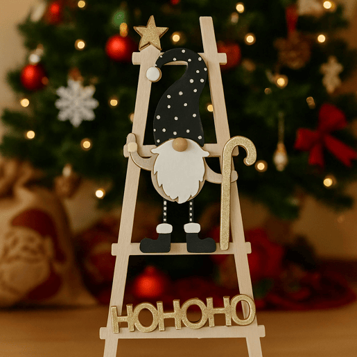 Gnomo decorativo em uma escada 'HOHOHO'