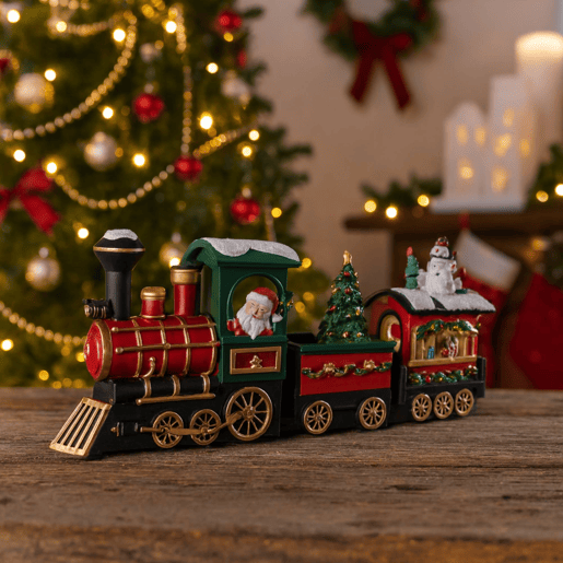 Trem de Papai Noel decorativo de Natal com movimento, luzes de LED e música
