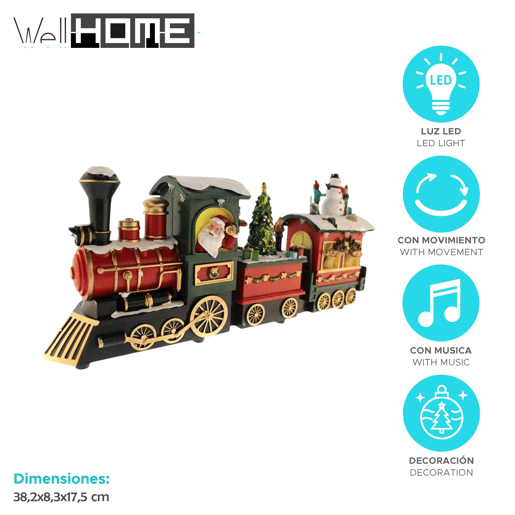 Trem de Papai Noel decorativo de Natal com movimento, luzes de LED e música