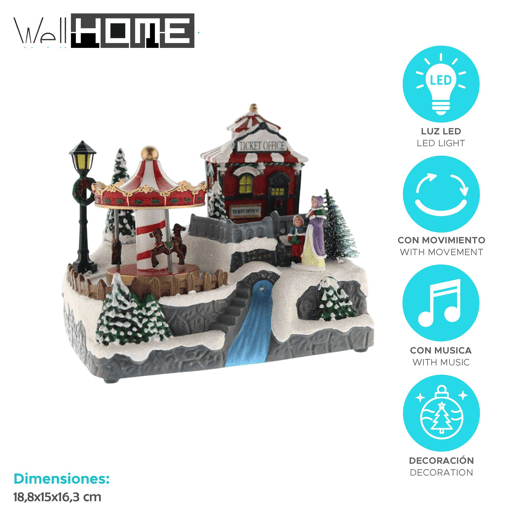 Vila de Natal Decorativa com Rio em Movimento, Luzes de LED e Música