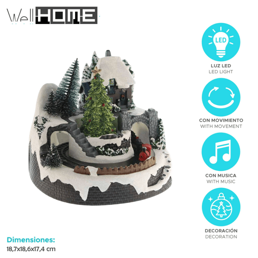 Vila de Natal Decorativa com Movimento, Luzes de LED e Música