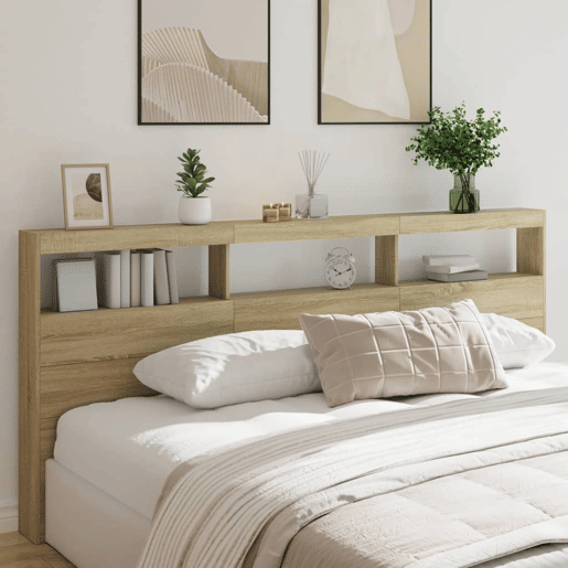 Armário de Cabeceira - Cabeceira de cama c luzes LED 220x17x102 cm carvalho sonoma