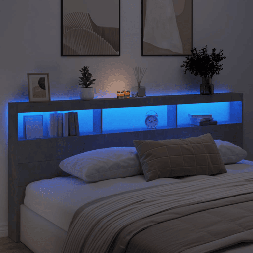 Armário de Cabeceira - Cabeceira de cama c luzes LED 220x17x102cm cinzento cimento