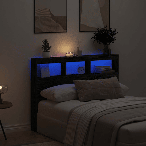 Armário Cabeceira - Cabeceira de cama c luzes LED 140x17x102 cm carvalho preto