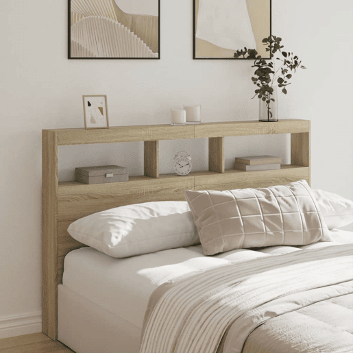 Armário de Cabeceira - Cabeceira de cama c luzes LED 160x17x102 cm carvalho sonoma