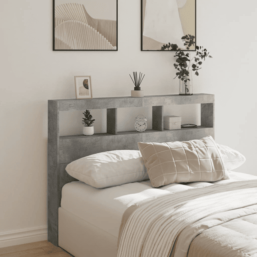 Armário de Cabeceira - Cabeceira de cama c luzes LED 140x17x102cm cinzento cimento